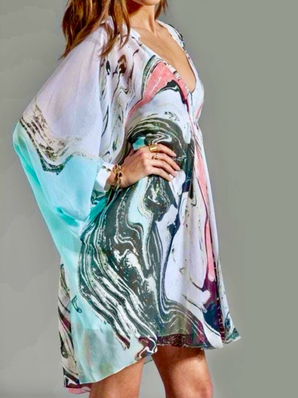 DVF DIANE VON FURSTENBERG Fleurette 100% Silk Marble Print Flowy Mini Dress